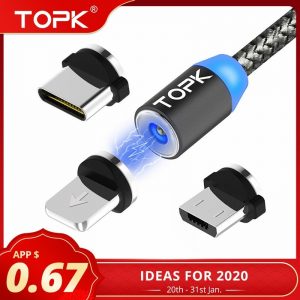 TOPK AM17 1M LED Magnetic USB Cable for iPhone Xs Max 8 7 6 & USB Type C Cable & Micro USB Cable for Samsung Xiaomi LG USB C