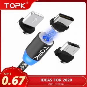 TOPK AM17 LED Magnetic USB Cable / Micro USB / Type-C For iPhone X Xs Max Magnet Charger for Samsung Xiaomi Pocophone USB C