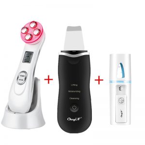 Ultrasonic Skin Scrubber Facial Spatula Deap Cleaning Skin Peeling Face Cleaner + RF EMS LED Beauty Device + Mini Nano mister 48