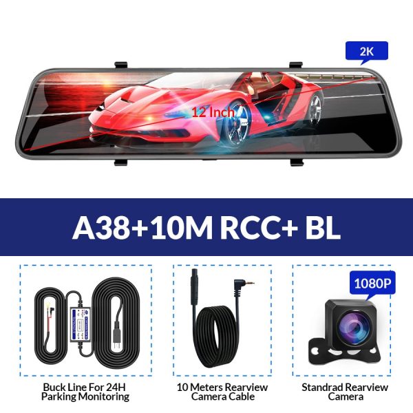 E-ACE Car Dvr 12 Inch Stream Media RearView Mirror 2K Night Vision Video Recorder Auto Registrar support 1080P Rear View Camera