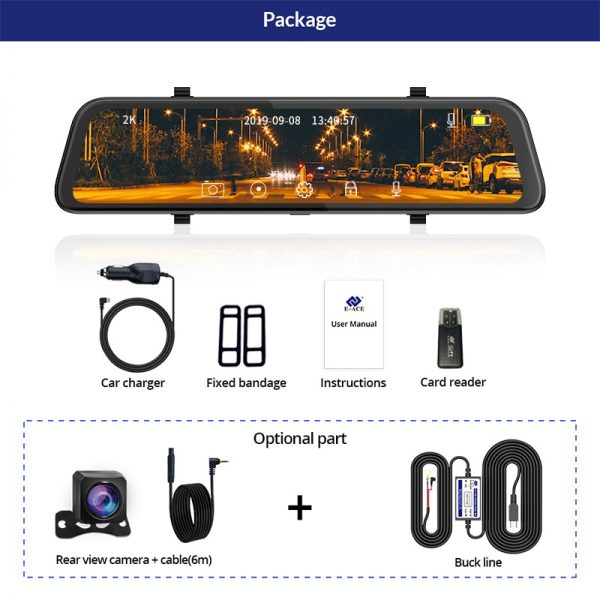 E-ACE Car Dvr 12 Inch Stream Media RearView Mirror 2K Night Vision Video Recorder Auto Registrar support 1080P Rear View Camera