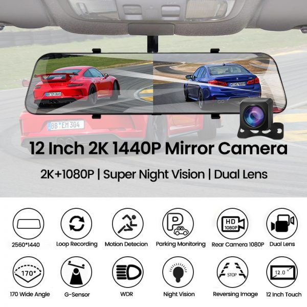 E-ACE Car Dvr 12 Inch Stream Media RearView Mirror 2K Night Vision Video Recorder Auto Registrar support 1080P Rear View Camera
