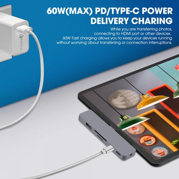 GOOJODOQ USB C Hub 60W PD Charging for iPad Pro MacBook Air Switch to HDMI USB 3.0 Adapter Type-C Phone with Earphone Data Jack