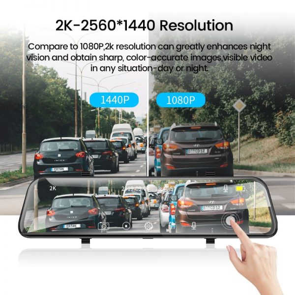 E-ACE Car Dvr 12 Inch Stream Media RearView Mirror 2K Night Vision Video Recorder Auto Registrar support 1080P Rear View Camera